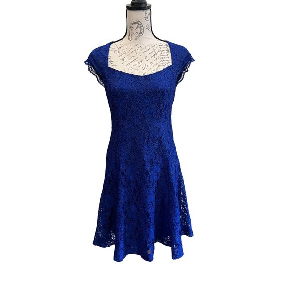 Lauren Ralph Lauren Evening Blue Lace Lined Mini Dress Date Fit Flair Open Back - Picture 1 of 13